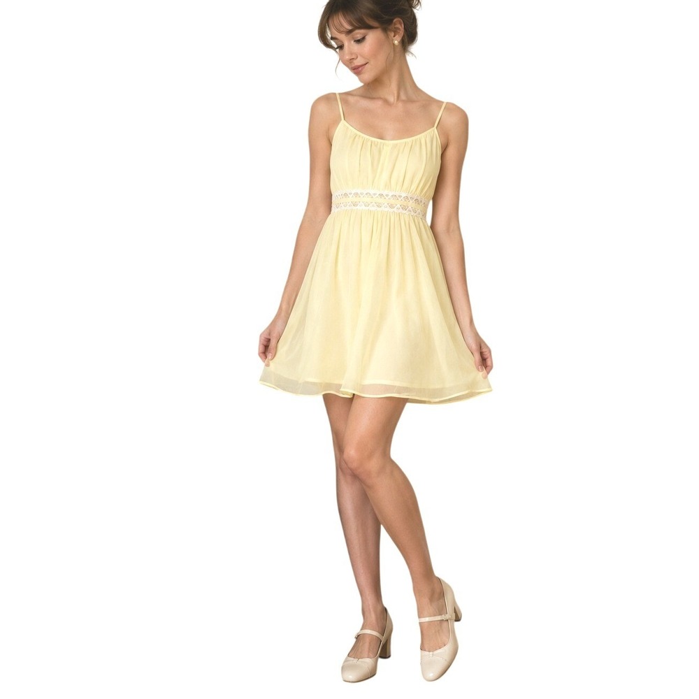 Vtg 60s Yellow Chiffon Party Dress Sz S Lace Babydoll Empire Waist Sheer Overlay